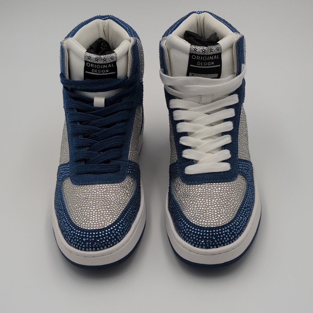 Shoe Vibe Blue and White Bedazzled Women's High Top Sneakers.  New In Box Size 7